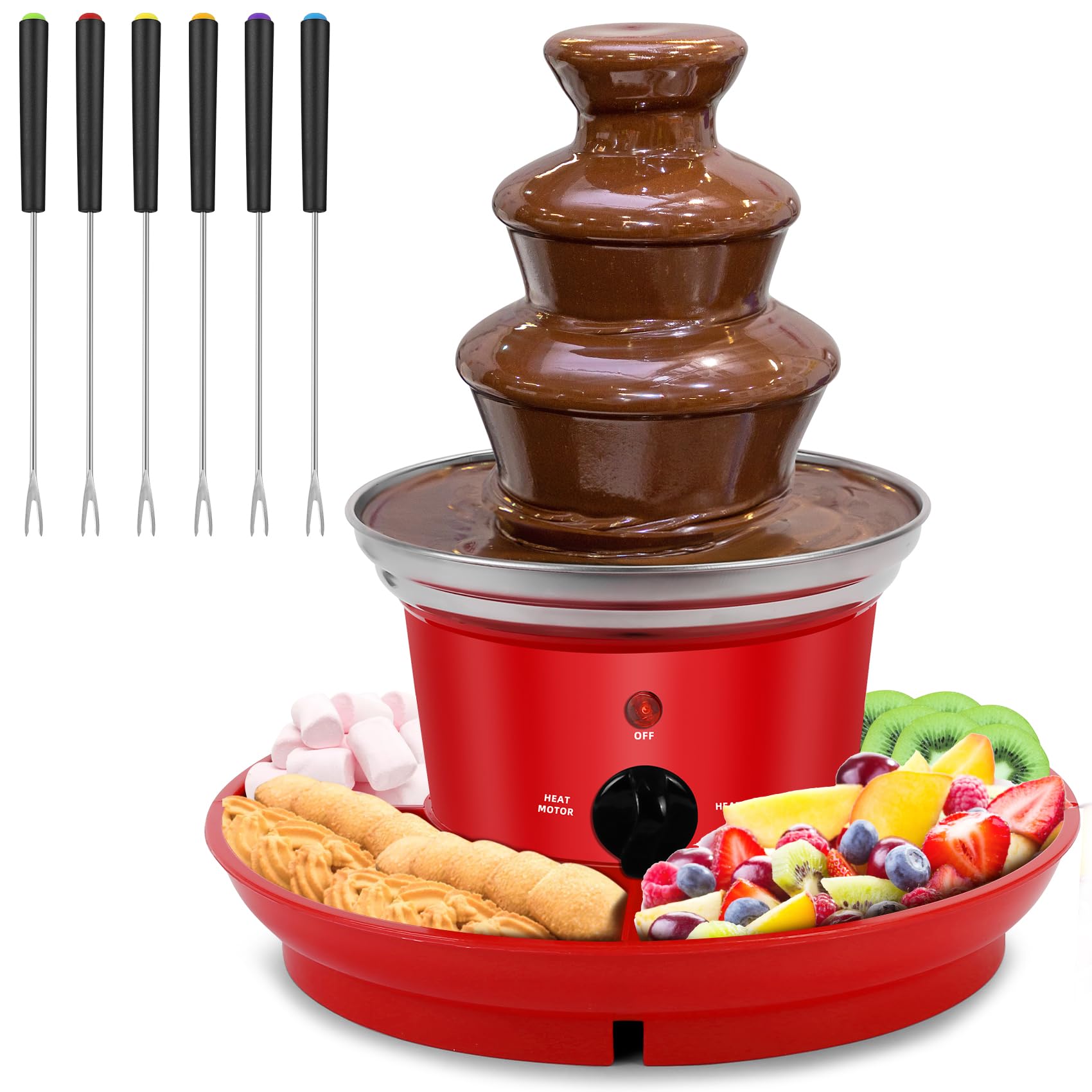 Photo 1 of 16oz Chocolate Fondue Fountain, 3-Tier MINI Chocolate Fountain with 6PCS Fondue Fork and Removal Fruits/Nuts/Treats Serving Tray for BBQ Sauce,Ranch,Nacho Cheese,Liqueurs (Red+Silver)