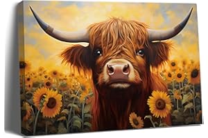 Balgardekor Highland Cow and Sunflowers Sunset Painting Canvas Warm and Soft Color Wall Art for Living Room Bedroom Home Office Decoration (1, Sunflower, 12 x 16 Inches)