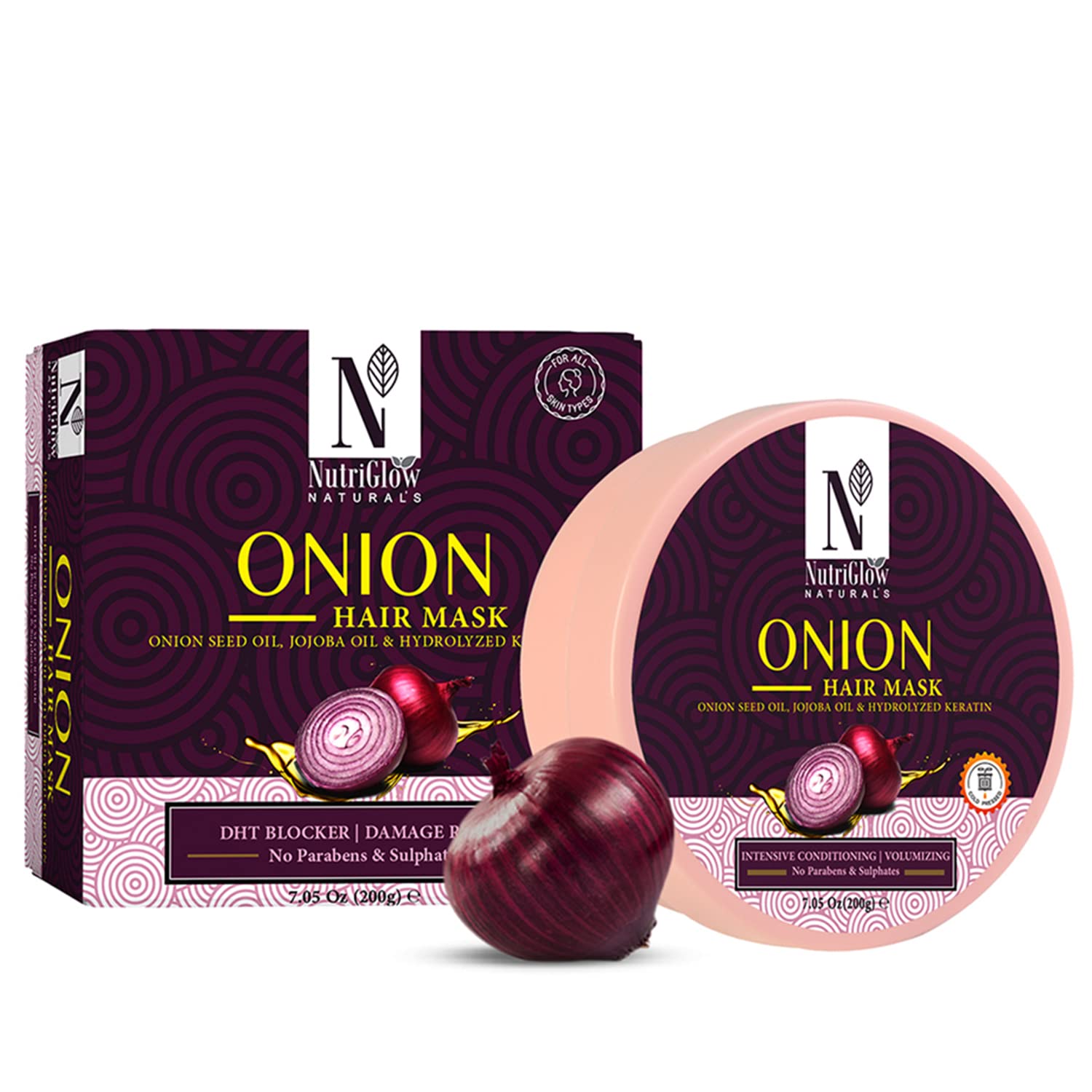 "NUTRIGLOW NATURAL'S Onion Hair Mask For Dry & Damaged Hair With Jojoba Oil & Hydrolyzed Keratin, Deep Conditioning, Healthy Hydrated Hair, Reduce Hair Breakage, For Hair Growth 7.05 Oz "