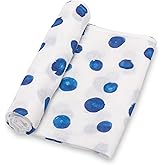 LollyBanks Swaddle Blanket - 100% Cotton Muslin Swaddle, 47 x 47 Inches, Neutral, Baby Essentials, Blue Dots Print