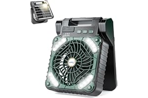 lynker Camping Fan Solar Powered with LED Lantern & Power Bank, Portable Rechargeable Battery Operated, 4 Speeds, 35dB Ultra-Quiet, 8H Timer, Foldable Fan for Tent, RV, Emergency, Hiking (Green)