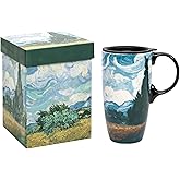 Topadorn Ceramic Coffee Travel Mug with Gift Box, 17 Oz Tea Cups with Handle & Lid for Latte, Tea, Cappuccino, Milk, Cocoa, Microwave&Dishwasher Safe, Wheat Field and Cypress