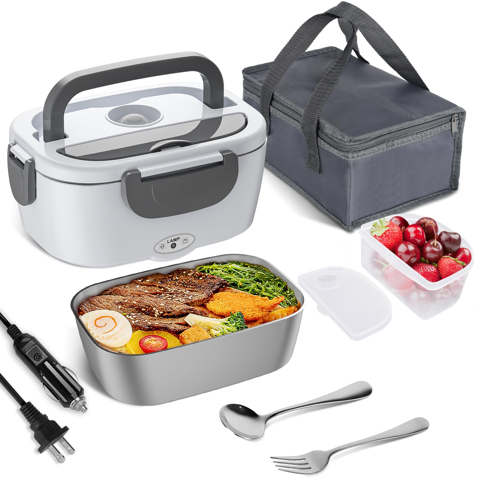 Photo 1 of Vabaso Electric Lunch Box Food Heater, 80W Electric Heating Lunch Boxes Lunch for Car/Men/Adults/Home/Work, 1.5L Removable 304 Stainless Steel Container, 110V/12V/24V, with Fork & Spoon