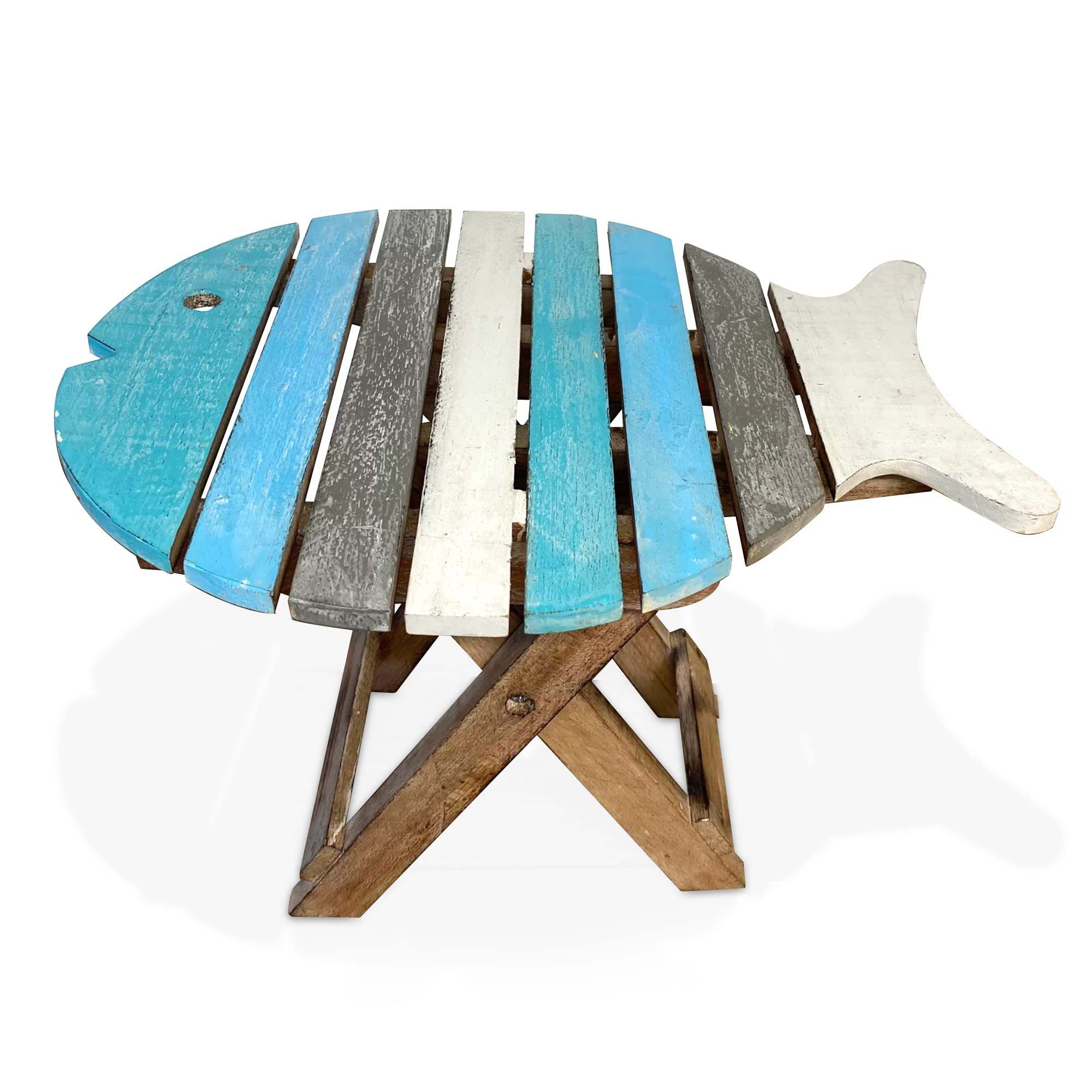 Thorness Small WOODEN FOLDING FISH shaped SIDE TABLE with distressed finish | Blue and Whitewash wood Colours | bring a simple seaside feel to any room or would fit into a nautical themed room