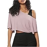 SOLY HUX Women's Off The Shoulder Tee Yoga Workout Crop Top Half Sleeve Asymmetrical Neck Activewear T Shirt