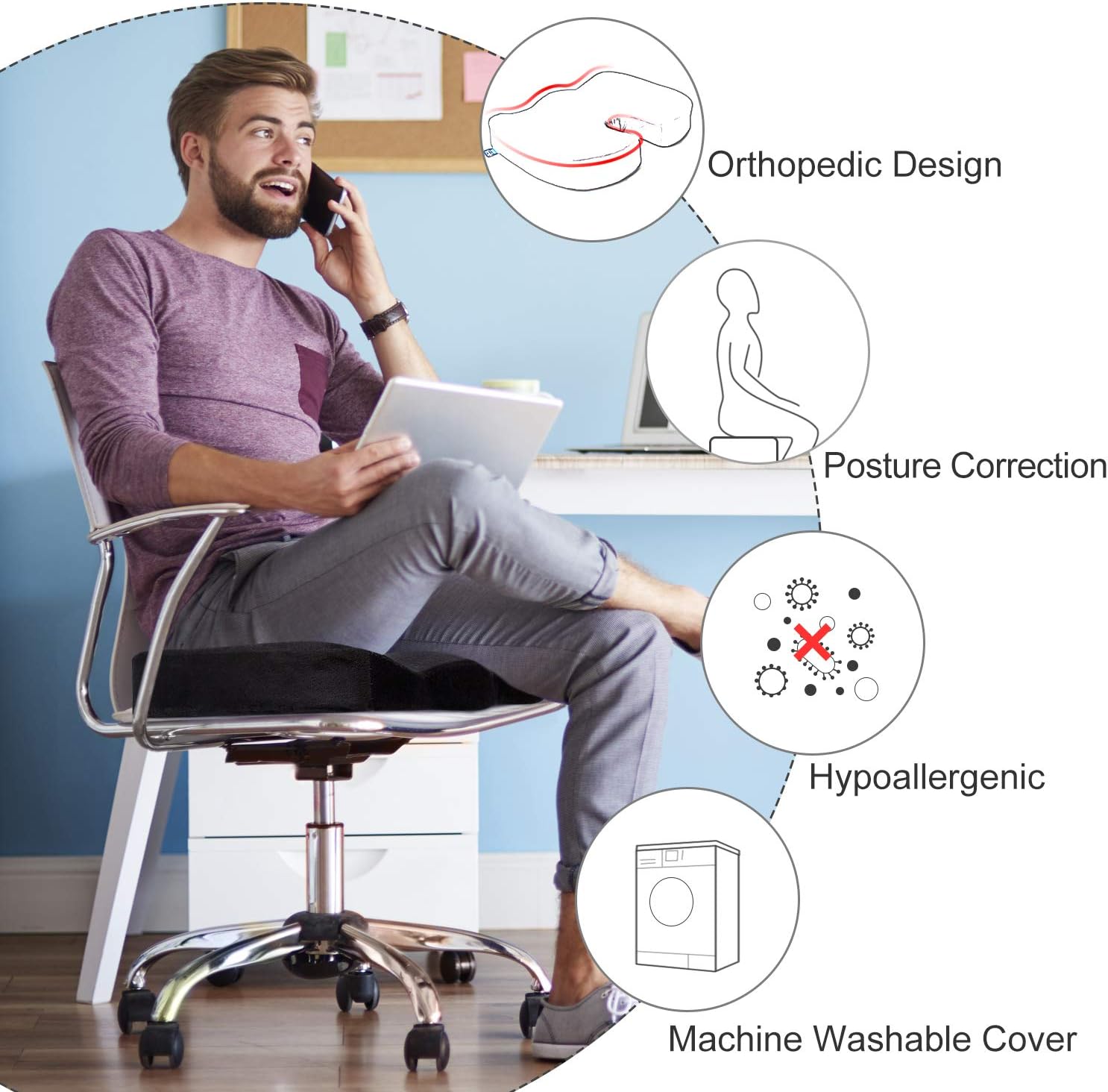 BedStory Office Seat Cushion for Tailbone Back Butt Pain Relief, Memory Foam Office Chair Cushion Booster to Lift Hips Up, Orthopedic U-Shape Design with 2 Replacement Covers: Home & Kitchen