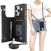 Bocasal Crossbody Wallet Case for iPhone 16 Pro with RFID Blocking Card Slot Holder, Magnetic Flip Folio Purse Case, PU Leather Zipper Handbag with Detachable Lanyard Strap 6.3 Inch 5G (Black)