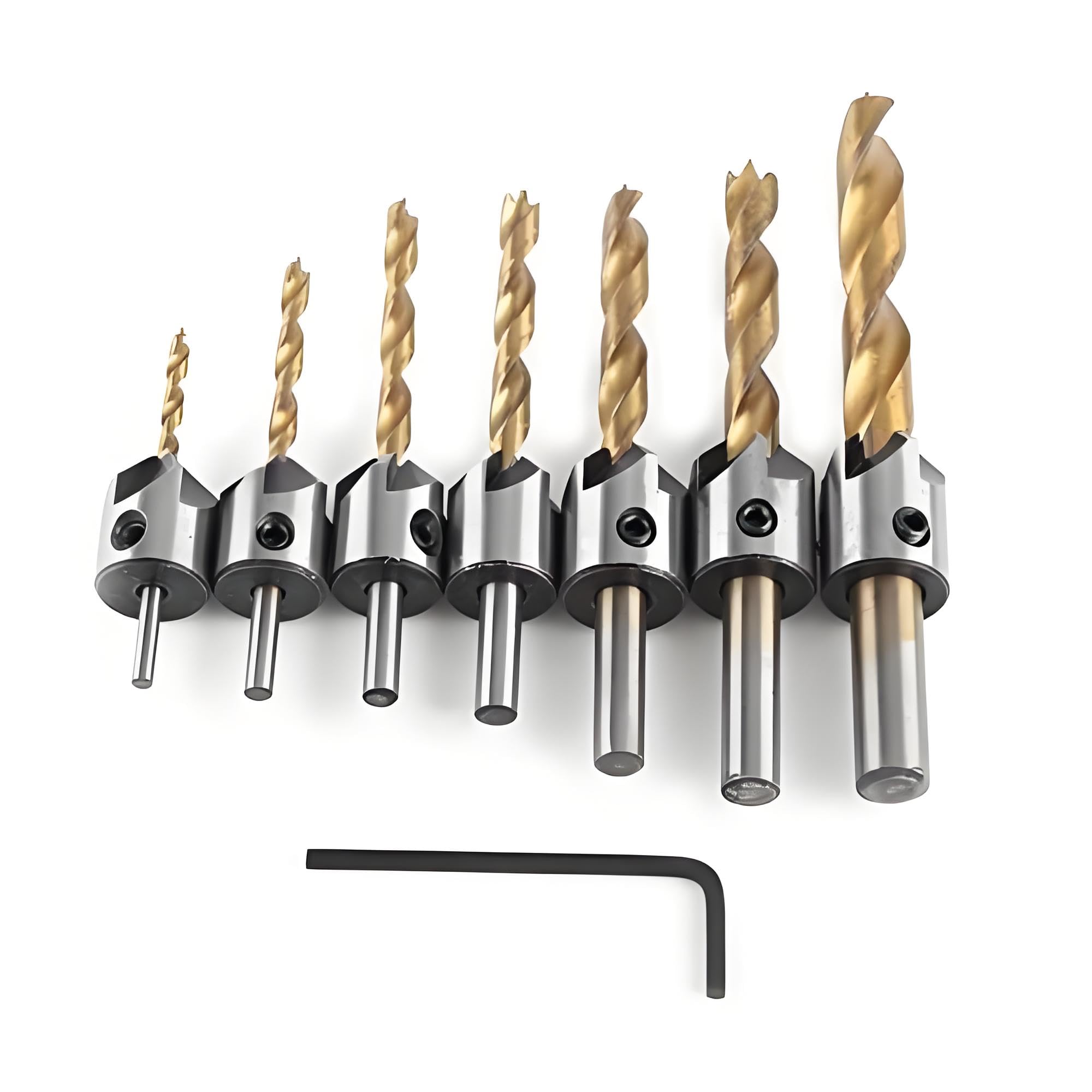 7pcs Woodworking Countersink Drill Bit Set Woodworking Carpentry Reamer Boring Tool Round Shank with Hex Key (3-10mm)