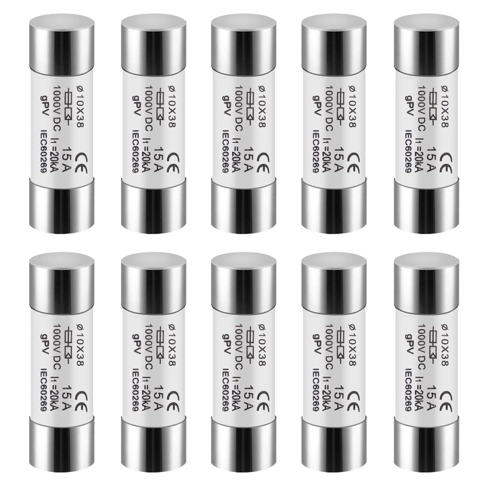 DEWIN 10pcs 15A Solar Fuses, Photovoltaic Fuse 10X38mm PV Fuse Core for Solar Photovoltaic System Protection DC 1000V