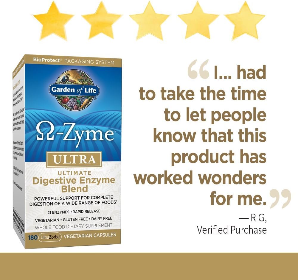 Garden of Life Vegetarian Digestive Supplement - Omega Zyme Ultra Enzyme Blend for Digestion, Bloating, Gas, and IBS, 180 Capsules: Health & Personal Care