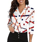 Soneven Womens 3/4 Sleeve Button Down Shirt V Neck Collared Polo Shirts Work Blouses