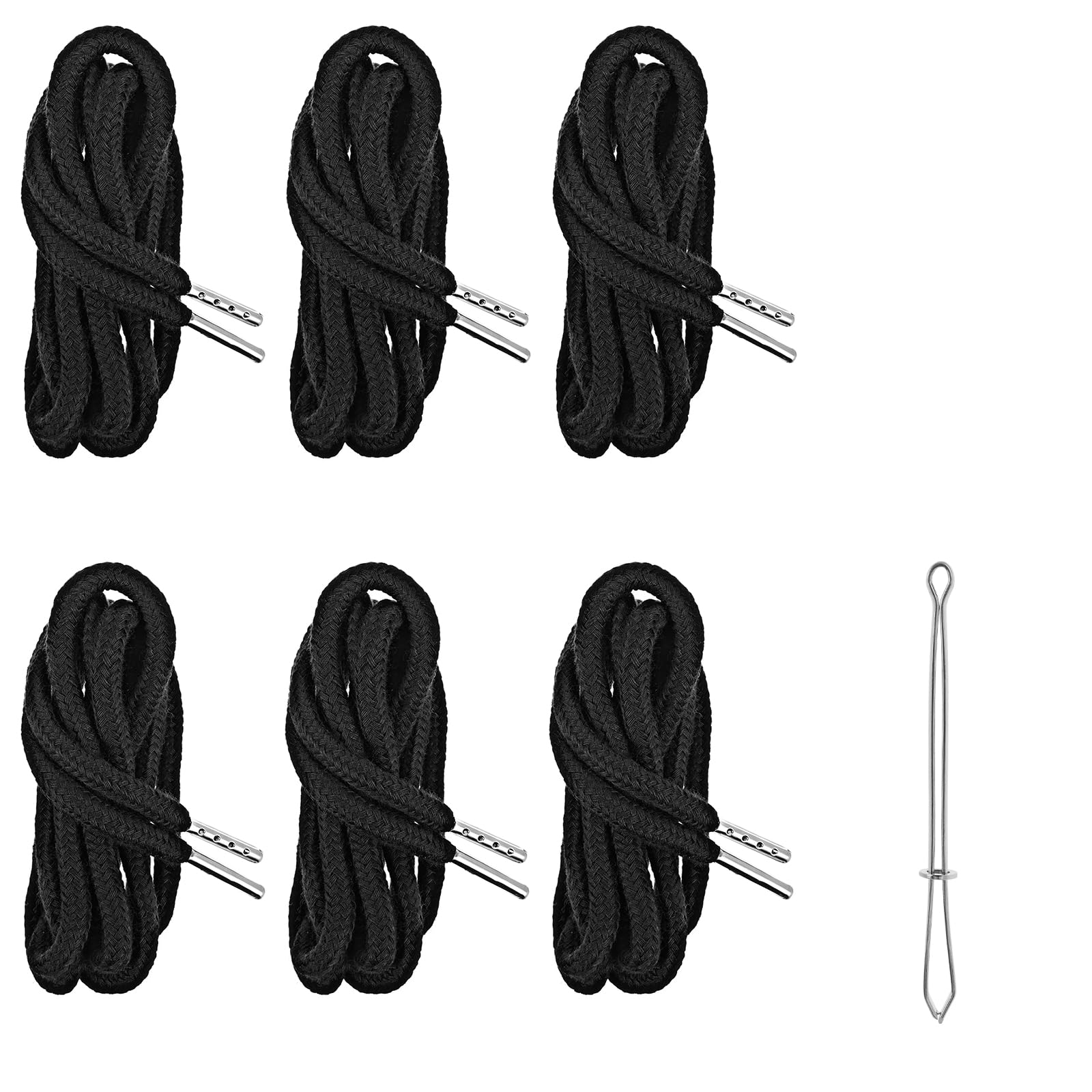AOZUO 6PCS Drawstring Cords Replacement, 51.1in Replacement Clothing Drawstring Waist String Hoodie Hood Cord with 1 Piece Easy Threader for Shorts Pants Sweatpants Sweatshirt Jackets Coats Bag(Black)