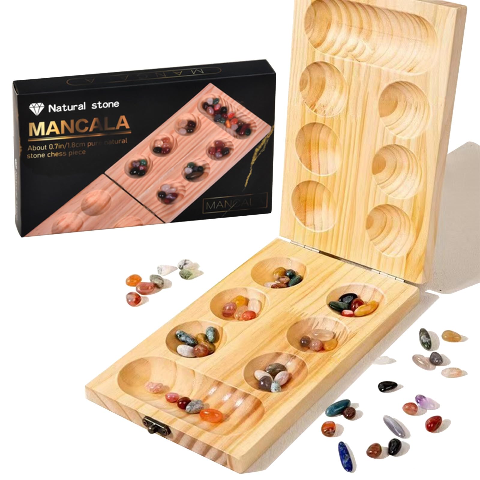 ZUNIPLEX Mancala Board Game - Kalaha Board Game Folding Wooden Board,Families Board Games,Natural Wood and Beautiful Colorful Stones