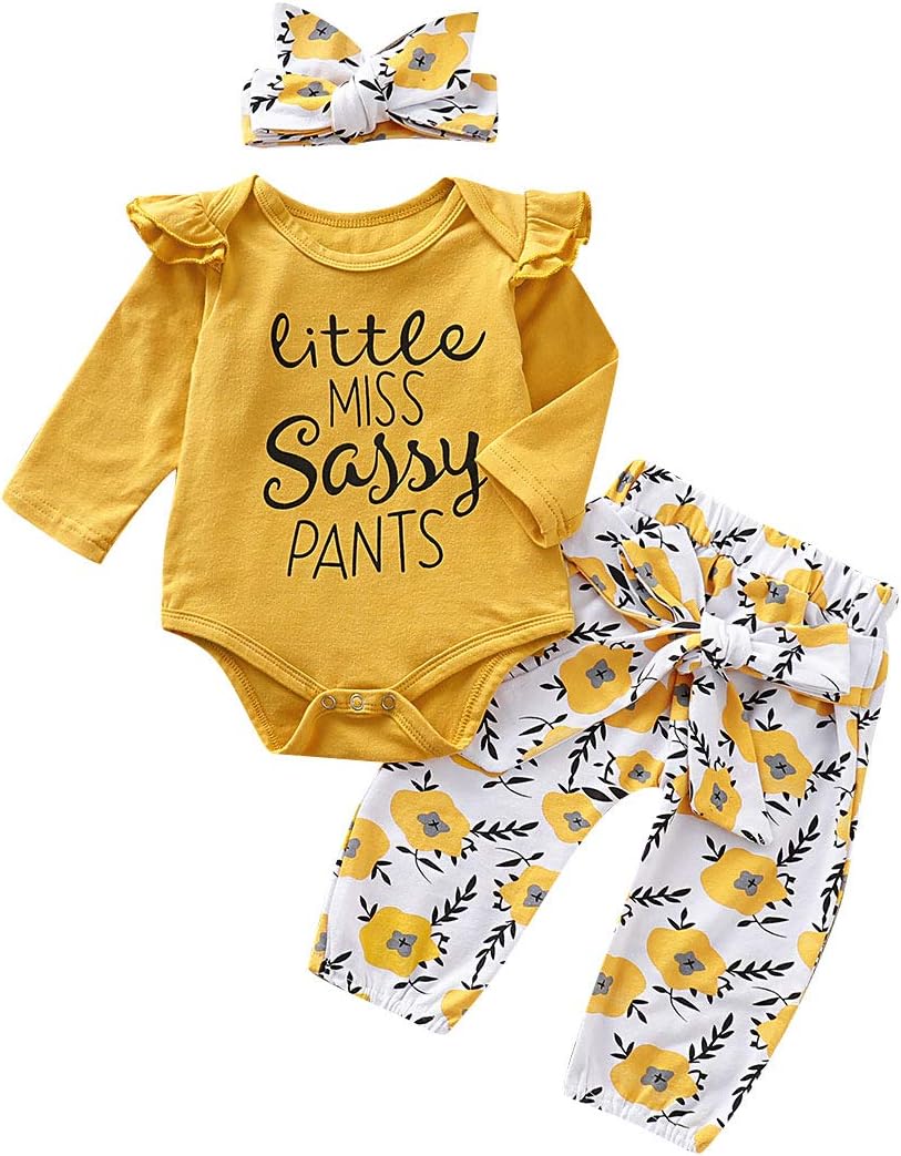 PigMaMa3 Pcs Infant Baby Girl Clothes Letter Print Long Sleeve Romper Flower Pant Headband Toddler Outfits Set