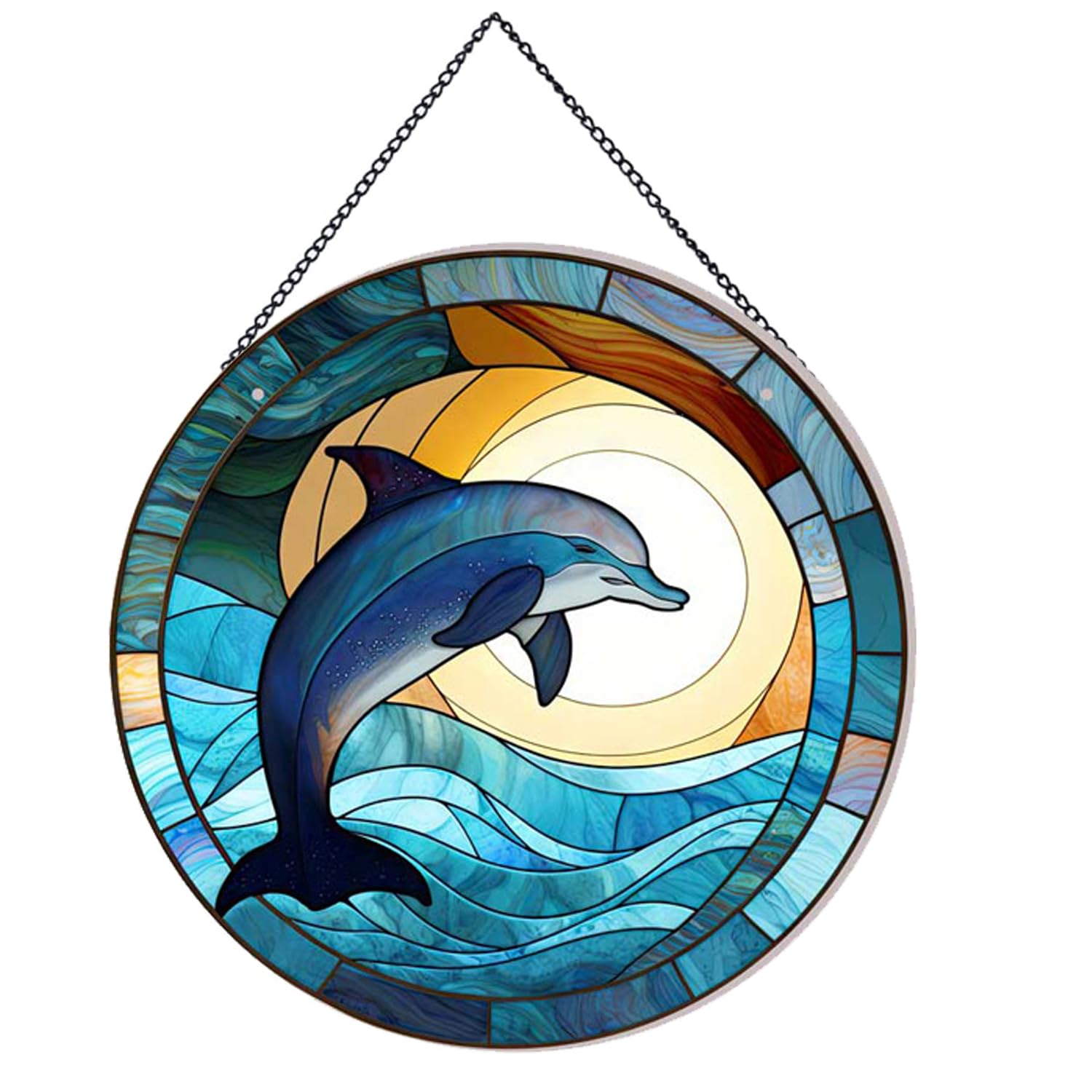 Payutou Dolphin Pattern Glass Suncatcher, Hand-Painted Window Hanging Stained Glass, 20cm/7.87inch Decorative Panel Gift