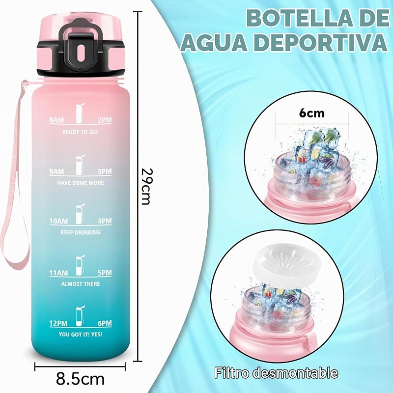 Garrafa de água de 1 litro, garrafa de água de ginásio com filtro, cantil infantil reutilizável, carimbo de hora, cantil com carimbo de hora, para escola, escritório, desporto, desporto, ginásio, escritório