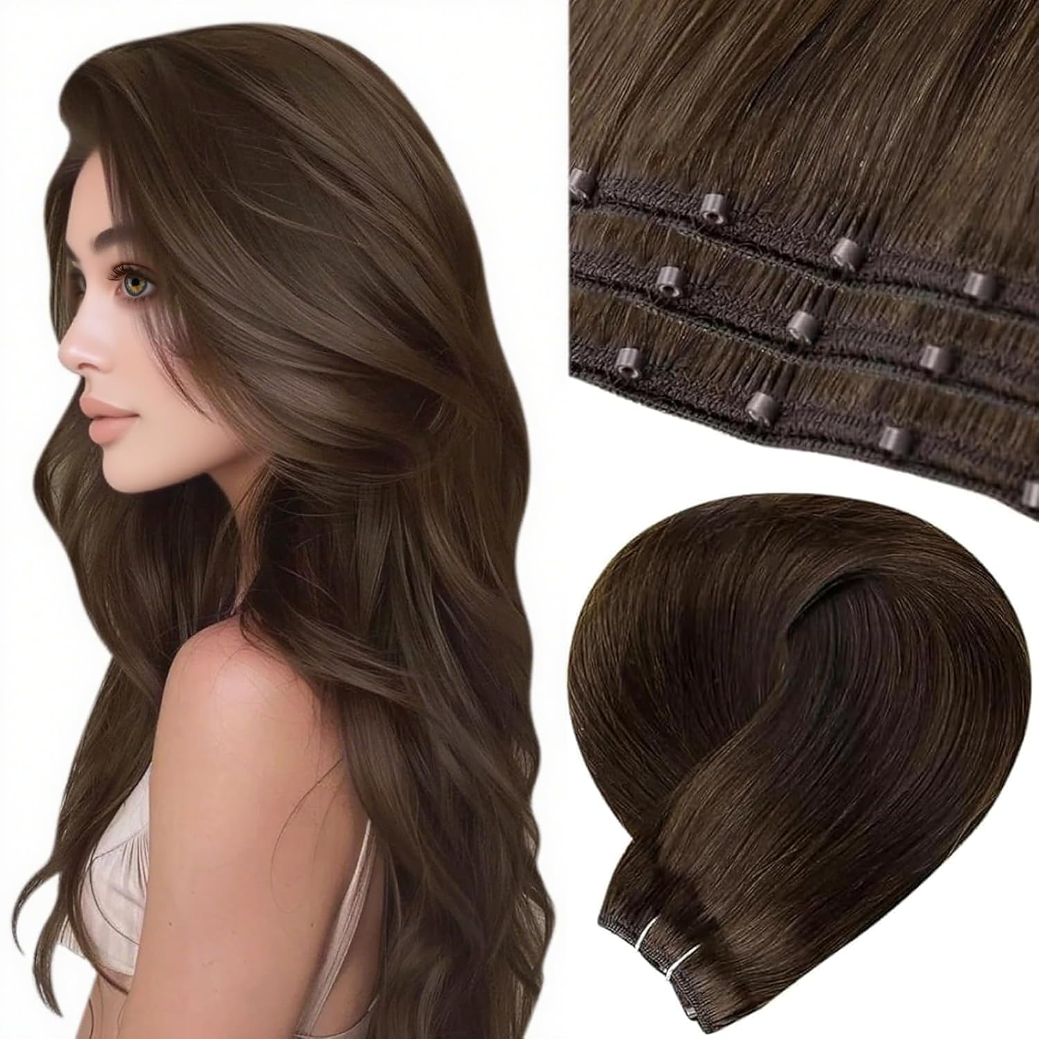 LaaVoo Beaded Weft Hair Extensions Human Hair Beaded Weft Extensions Real Human Hair Micro Beaded Hair Extensions Medium Brown 16 inch 50g — image 1