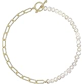 Cowlyn Pearl Necklace for Women Paperclip Chain Chunky Gold Necklace, Freshwater Cultured Pearls Trendy Link Chain 18K Gold Plated Dainty Pearl Choker