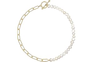 Cowlyn Pearl Necklace for Women Paperclip Chain Chunky Gold Necklace, Freshwater Cultured Pearls Trendy Link Chain 18K Gold Plated Dainty Pearl Choker