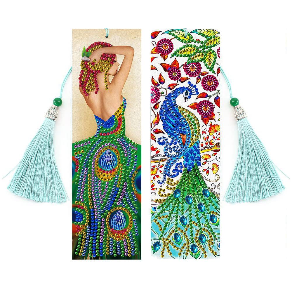 La Llareta 2 Pieces 5D Diamond Painting Bookmarks, DIY Bookmark, Tassel Leather Bookmark, Creative Painting Bookmarks for Mother's Day, Valentine's Day, Handicrafts (Peacocks, Beauties)