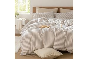 Nayoroom Striped Duvet Cover Queen Size - 100% Washed Cotton White Duvet Cover with Brown Stripes Pattern, 3 Pieces Soft Breathable Girls Dorm Bedding Set for Hot Sleepers, Yarn Dyed Process
