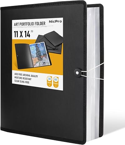 Nicpro 11x14 Art Portfolio Folder with 60 Pages Display 30 Pockets Black