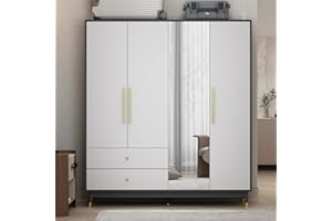 Hitow 4 Door Wardrobe Armoire Closet with Mirror Door, 63" W Wooden Large Wardrobe Cabinet with 2 Drawers & 2 Hanging Rod, Wide Bedroom Armoire Clothes Organizer, B Grey