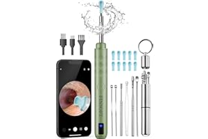FINSOFT Ear Wax Removal Tool Camera, Ear Cleaner with Camera, Ear Wax Removal Cleaning Kit with 1296P HD Camera and 6 LED Lights, Earwax Removal Kit with 10 Ear Pick for iOS and Android, Olive Green