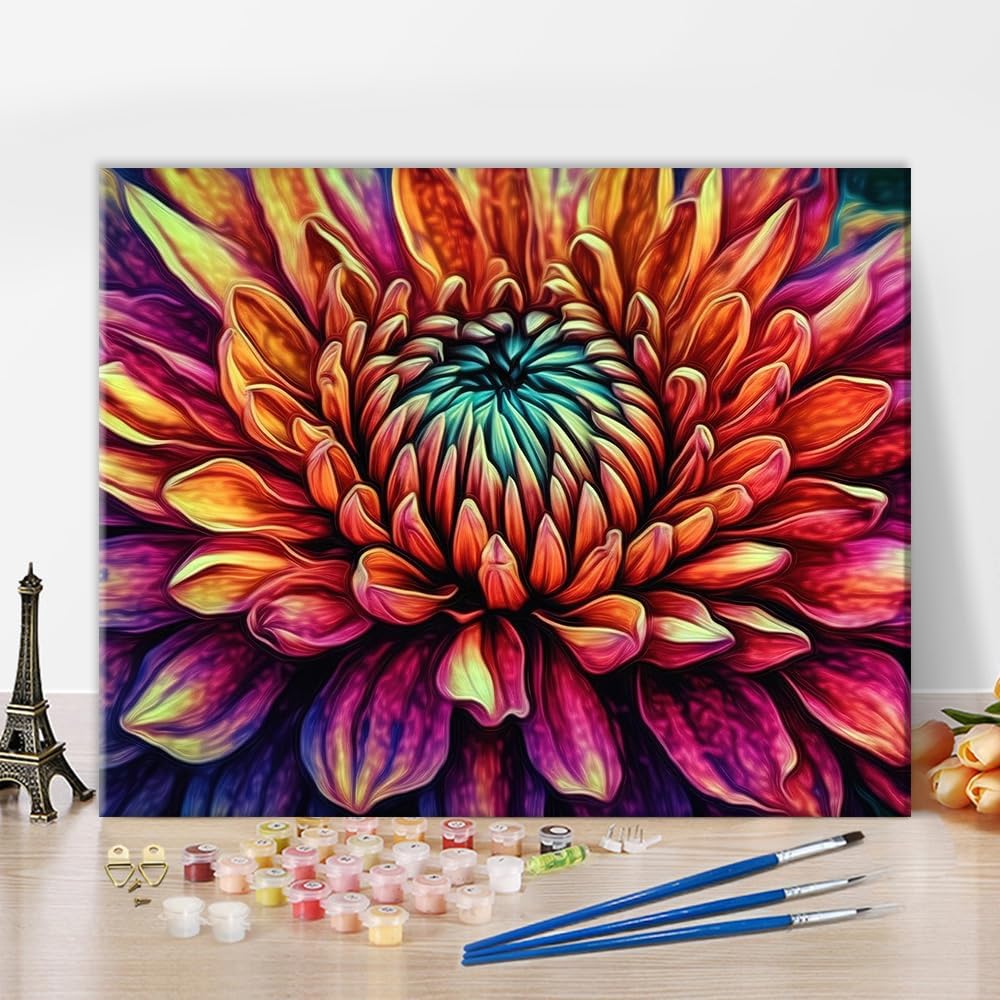 Paintings - TUMOVO Chrysanthemum Paint by Numbers Abstract Flowers Paint by Numbers for Adults Kids Lady Oil Painting with Brushes and Pigment, Flowers Painting Kit for Home Wall Decor, 16x20 Inch, Frameless
