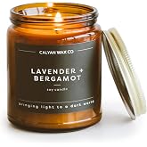 Calyan Wax Co. Lavender &amp; Bergamot Scented Candle - 57 Hour Burn | Made in the USA Luxury Clean Soy Wax Candles - Long Lasting Amber Glass Jar Candle for Home - 1 Wick - 7.2oz
