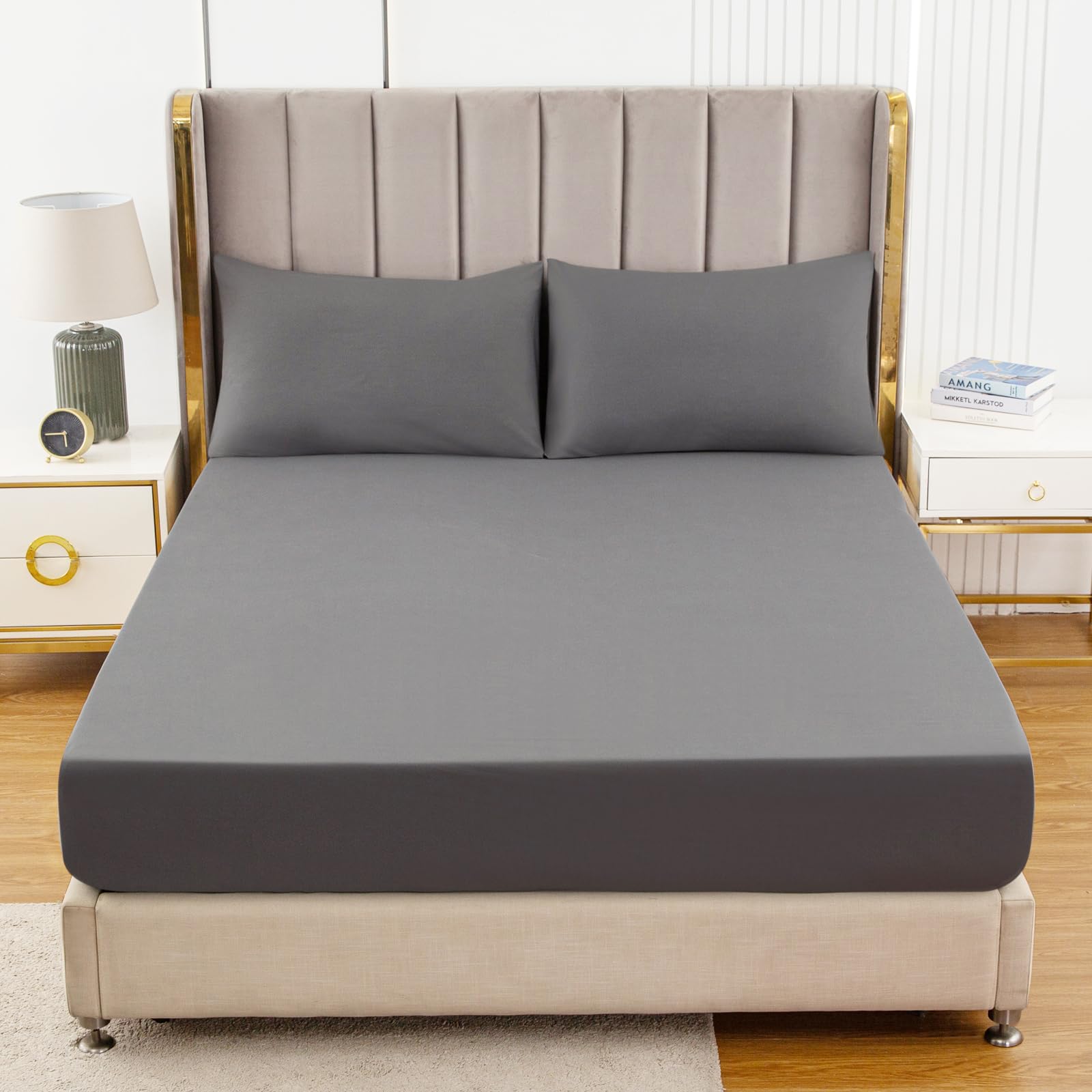 Soifox Double Fitted Sheets 40 cm Extra Deep Pocket Dark Grey Bed Sheets 16 inch, Soft Microfiber Charcoal Bottom Sheet for Double Bed, 135x190cm — image 1