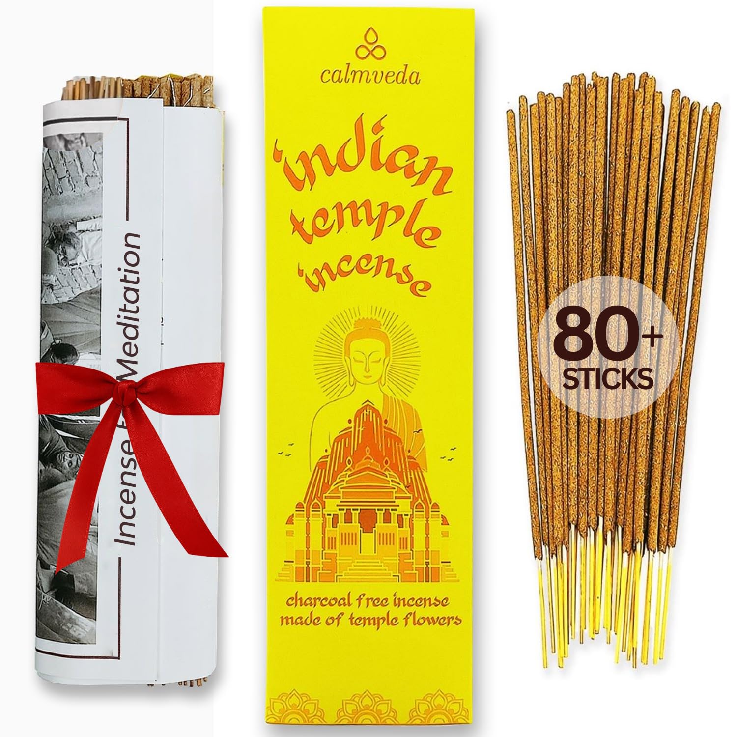 CALMVEDA Indian Temple Incense Sticks - 80 Charcoal Free Insensé Sticks, Made from Upcycled Flowers | Inspired by Siddhivinayak Temple (Mumbai) | Spiritual Incenses to add Calmness — image 1