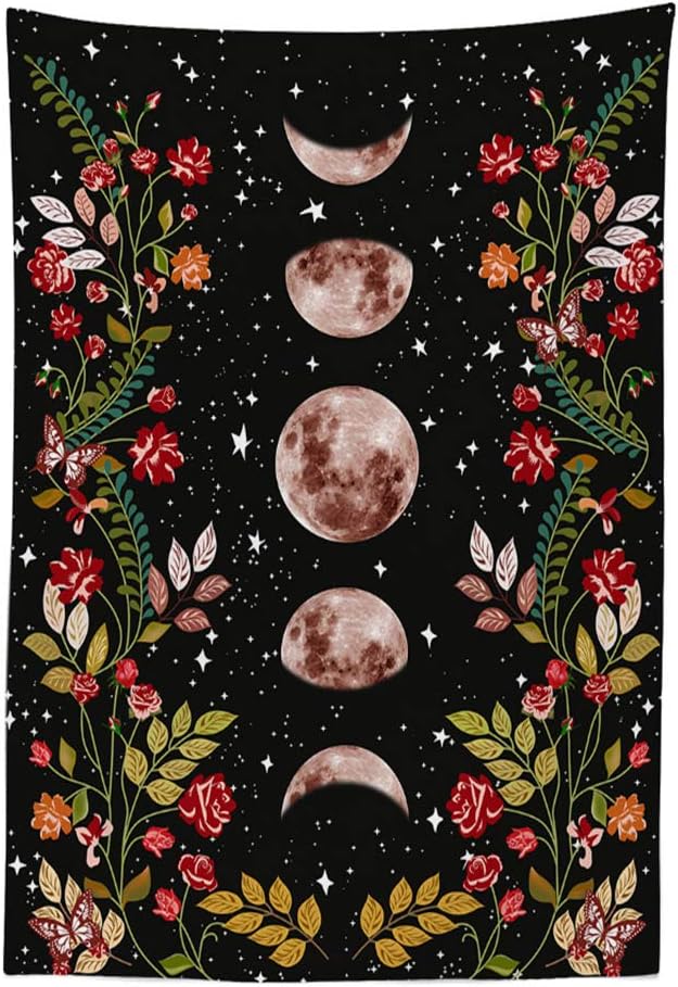 Qchengsan Moonlit Garden Tapestry,Moon Phase Tapestries Flower Vine Tapestry Surrounded by Plants and Flowers Tapestry Wall Hanging for Room (59x51 inches, Black)