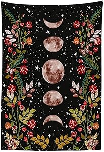Qchengsan Moonlit Garden Tapestry,Moon Phase Tapestries Flower Vine Tapestry Surrounded by Plants and Flowers Tapestry Wall Hanging for Room (59x51 inches, Black)