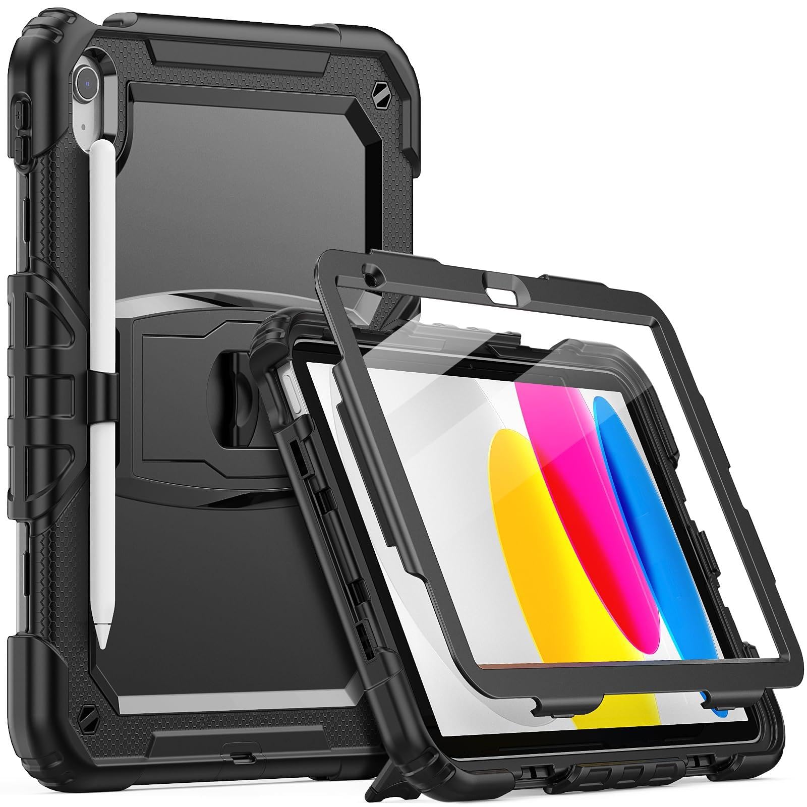 SEYMCY Shockproof Case for iPad A16 11th Generation 11 inch 2025/iPad 10th Generation 10.9 inch 2022, Full-body Protection Case with Screen Protector, Built-in Folding Stand, Pencil Holder, Black