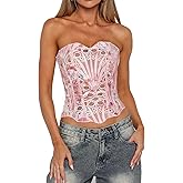 Dancenter Women Sheer Lace Bustier Corset Tops Floral Hollowed Out Boned Strapless Tube Top Overbust Clubwear