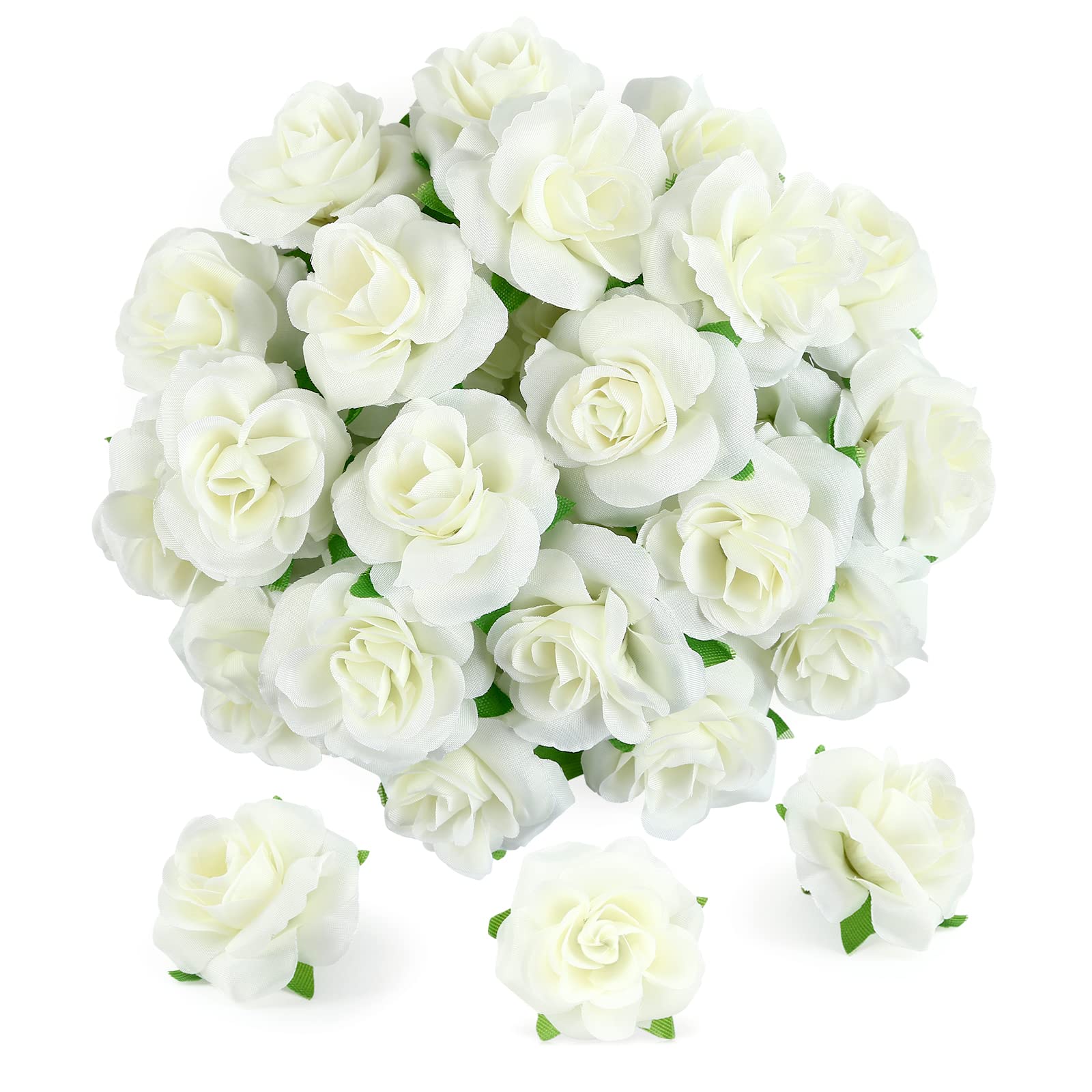 Kesote 50Pcs Creamy White Artificial Flowers, Real Touch Fake Flower Rose Heads for Wedding Cake Decoration, Birthday Party Album Decoration - 4cm in Diameter