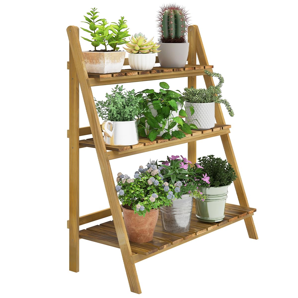 Outsunny Wooden Folding Flower Pot Stand 3 Tier Garden Planter Display Ladder Gardener Storage Shelves Rack Herb Holder (80L x 37W x 93H cm)