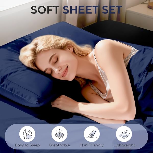 TOKOKIMO KING SHEET SET 4 PIECE, SUPER SOFT WASHED COTTON-LINEN FEEL MICROFIBER, 16″ DEEP POCKET FITTED SHEET, 1 FLAT SHEET, 2 PILLOWCASES, BREATHABLE BED SHEETS, NAVY BLUE