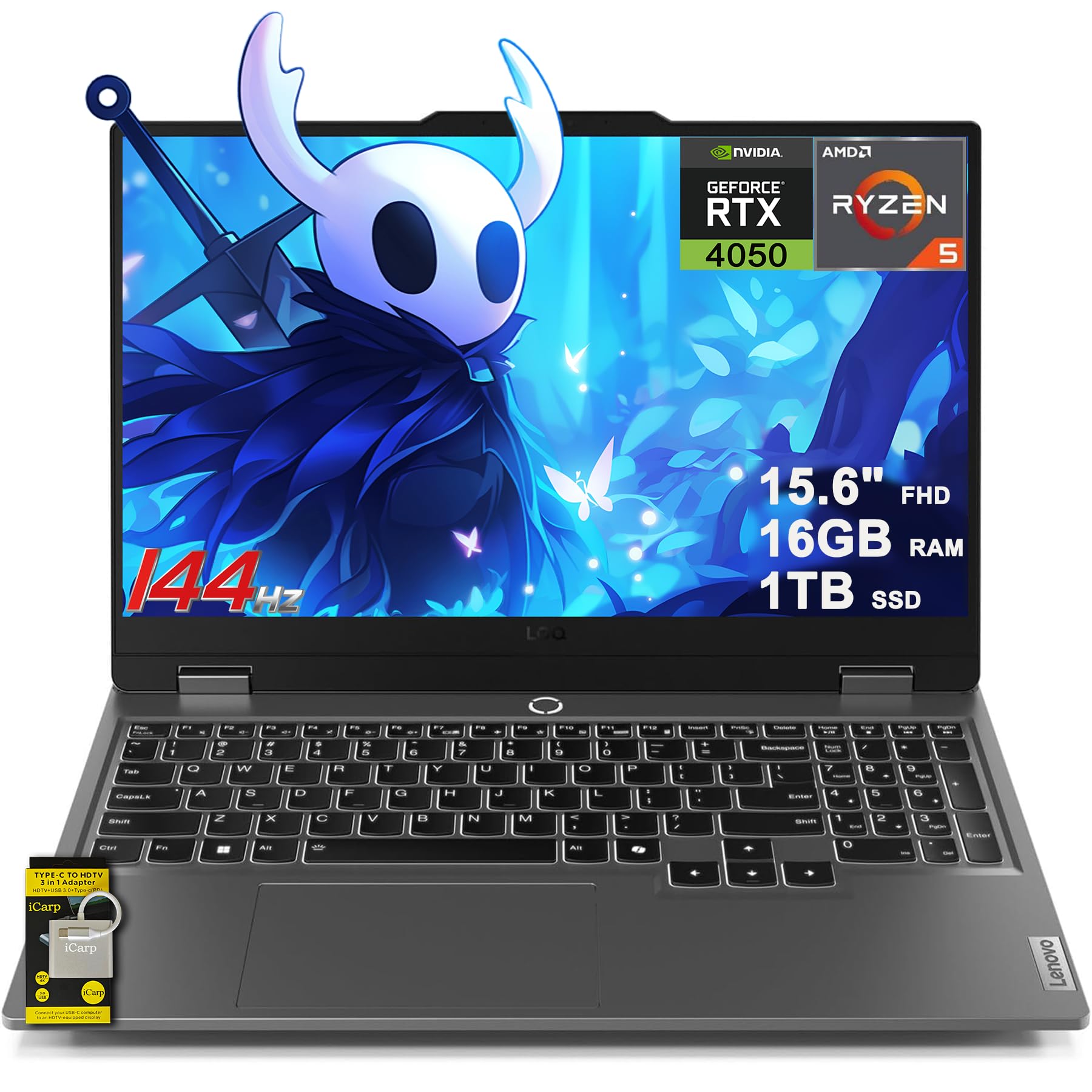 Lenovo LOQ Gaming Laptop 15.6" FHD IPS 144Hz (100% sRGB G-SYNC) AMD Quad-core Ryzen 5 7235HS 16GB RAM 1TB SSD GeForce RTX 4050 Backlit Nahimic Privacy Camera Rapid Charge Win11 w/ICP Hub