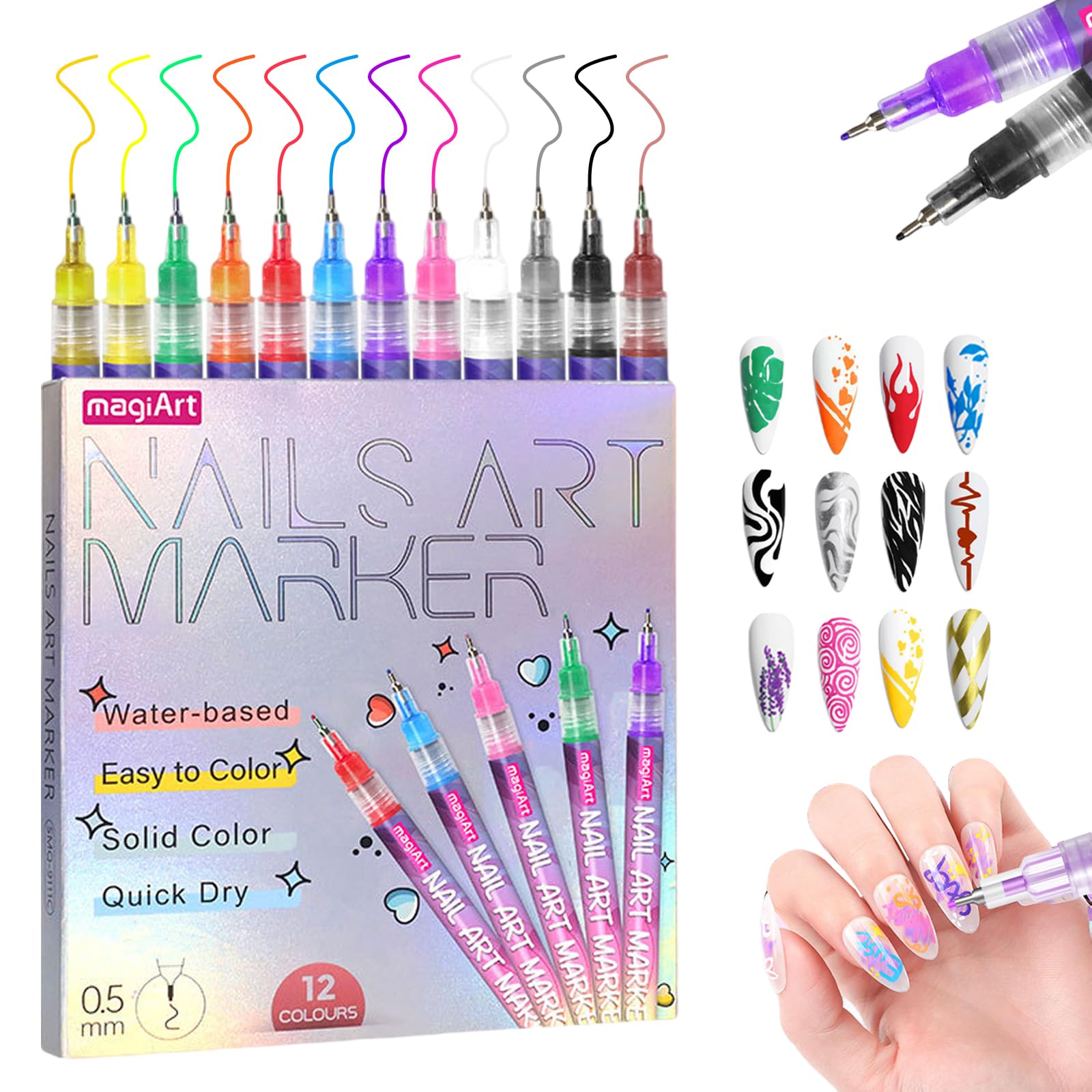 Photo 1 of 12 Colors Nail Art Pens, Fine Tips Nail Polish Pens Quick Dry, Dotting Pen Acrylic Painted Pen Kit 3d Nail Polish Pens Drawing Painting for Diy Nails Art Design Manicure Tools