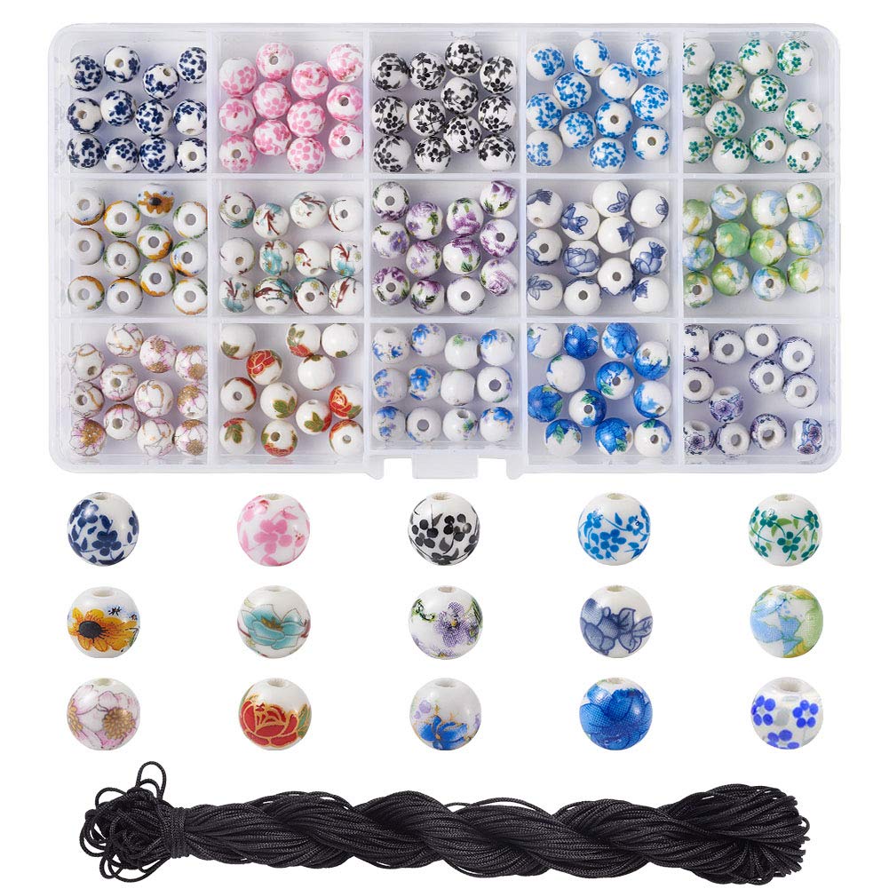 Beadthoven 180pcs 15 Styles Porcelain Flower Round Beads 8mm Handmade Ceramic Spacer Beads with Nylon Thread for Jewelry Making, Hole:2-2.5mm
