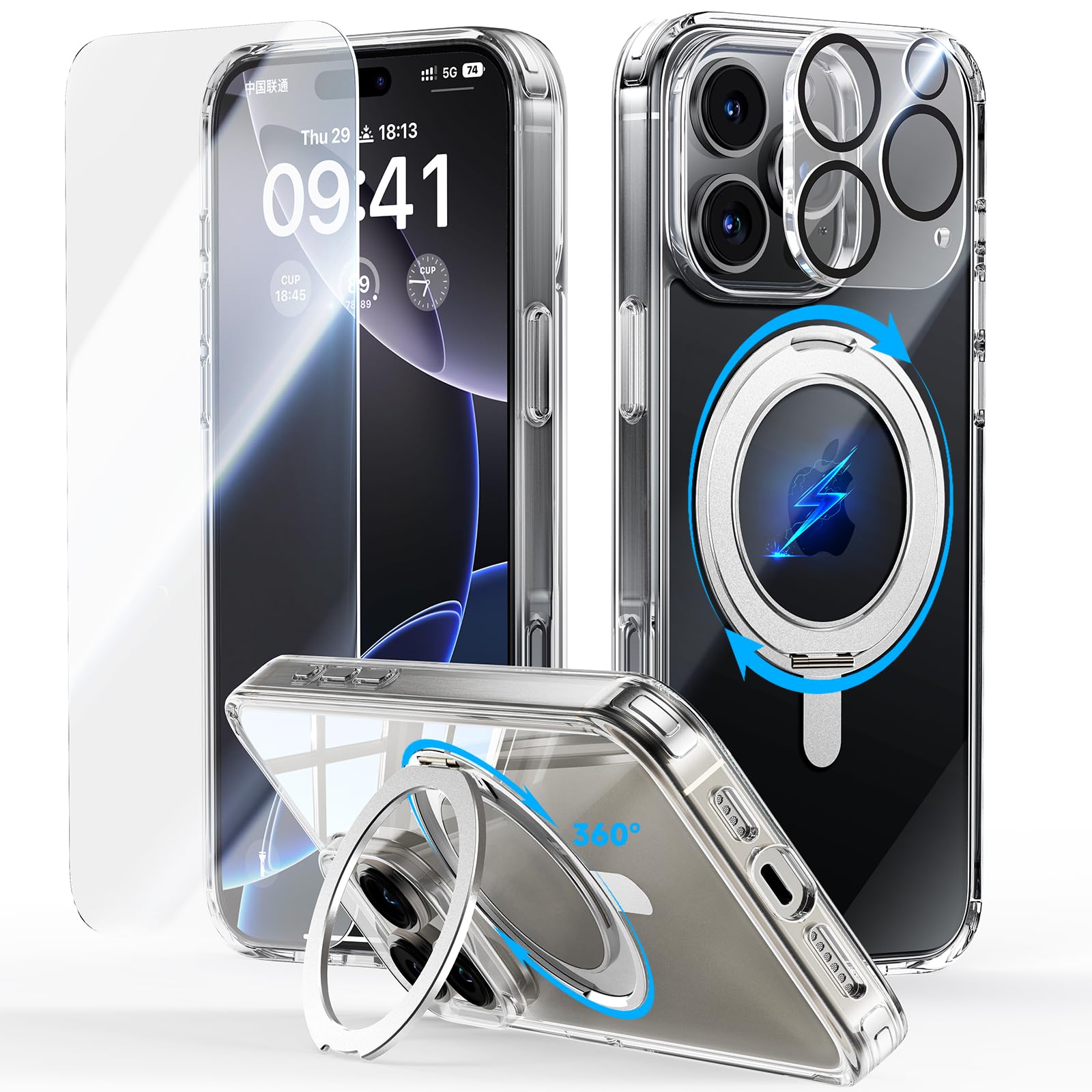 Photo 1 of JUESHITUO 3 in 1 for iPhone 16 Pro Max Case, [Non-Yellowing] 360° Rotatable Magnetic Ring Stand with [Rotary Damping Sound] [1X Screen Protector + 1X Camera Lens Protector] Phone Cover 6.9", Clear