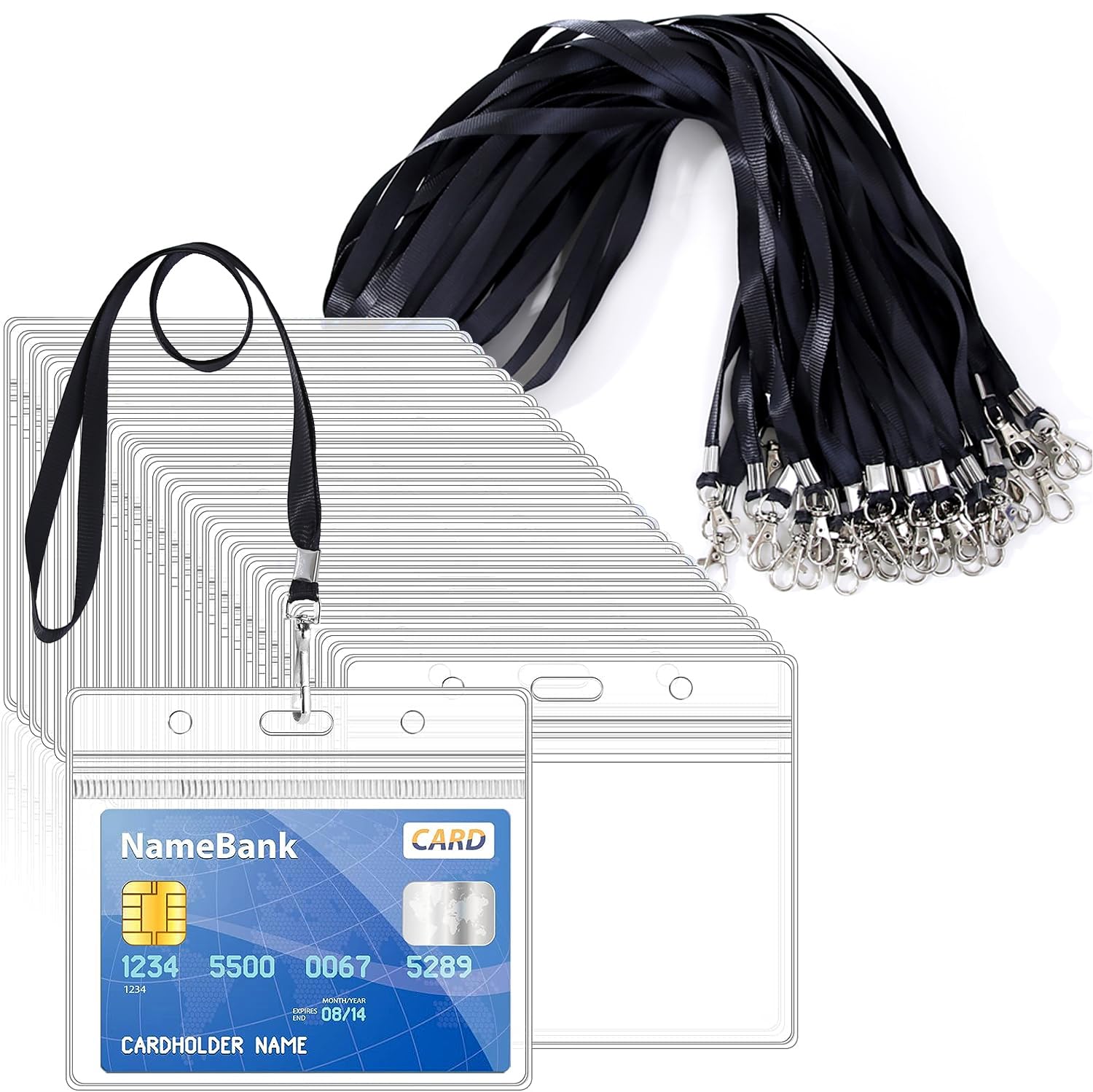 15pcs Black Lanyards for Neck with 15pcs Card Holder, Clear Plastic ID Card Holder and Lanyard, Horizontal Sealable Waterproof Name Badge Holders with Lanyard for ID Cards, Office, School, Bus Passes