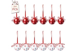 MACLARONX 24 Pcs Christmas Jingle Bells Metal Decorative Bells with Ribbons 1.6" Xmas Tree Ornaments for Wreath Crafts Holiday Home Decorations, Bulk