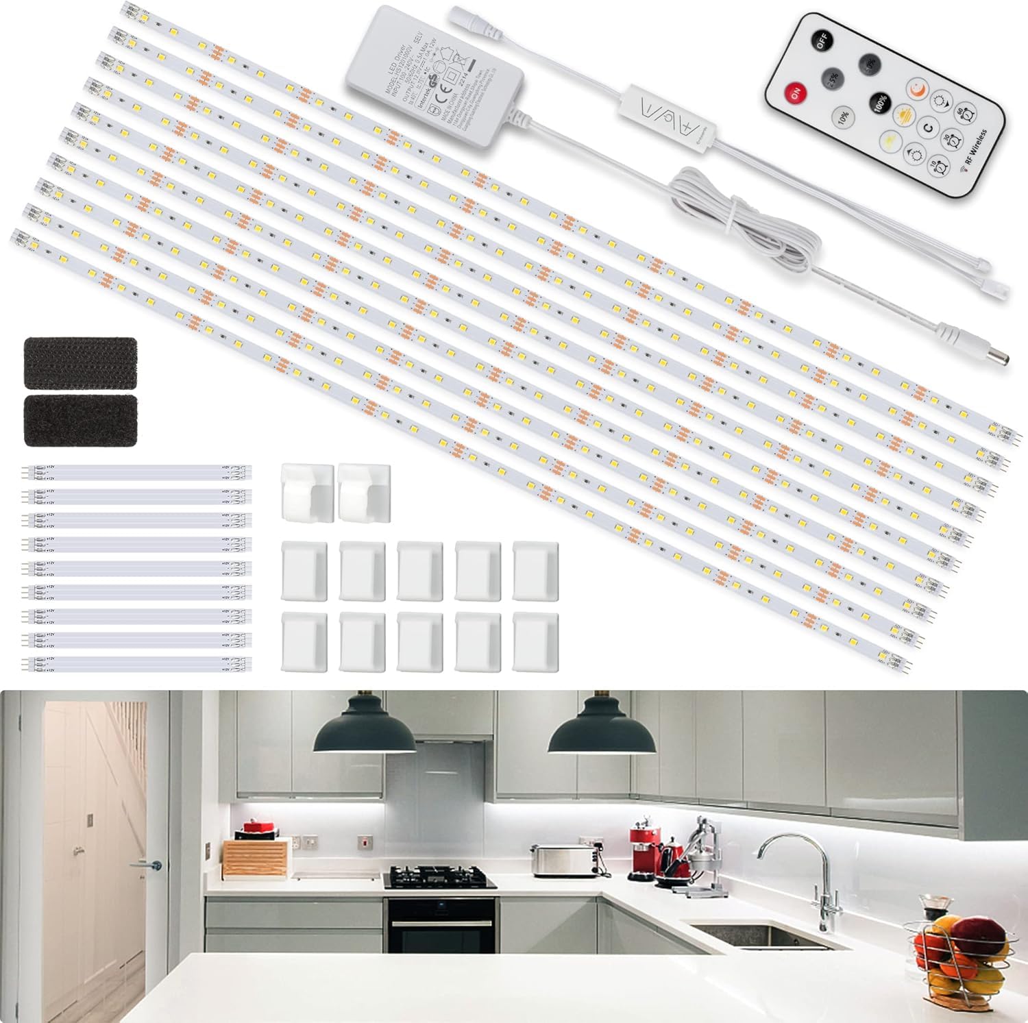 Enteenly Under Cabinet Strip Lights Kit 5m, White Dimmable LED Lighting Strip with Plug and Remote, Flexible LED Tape Light for Kitchen, Showcase, Cabinet, TV, Desk, Mirror Cold White 6500K