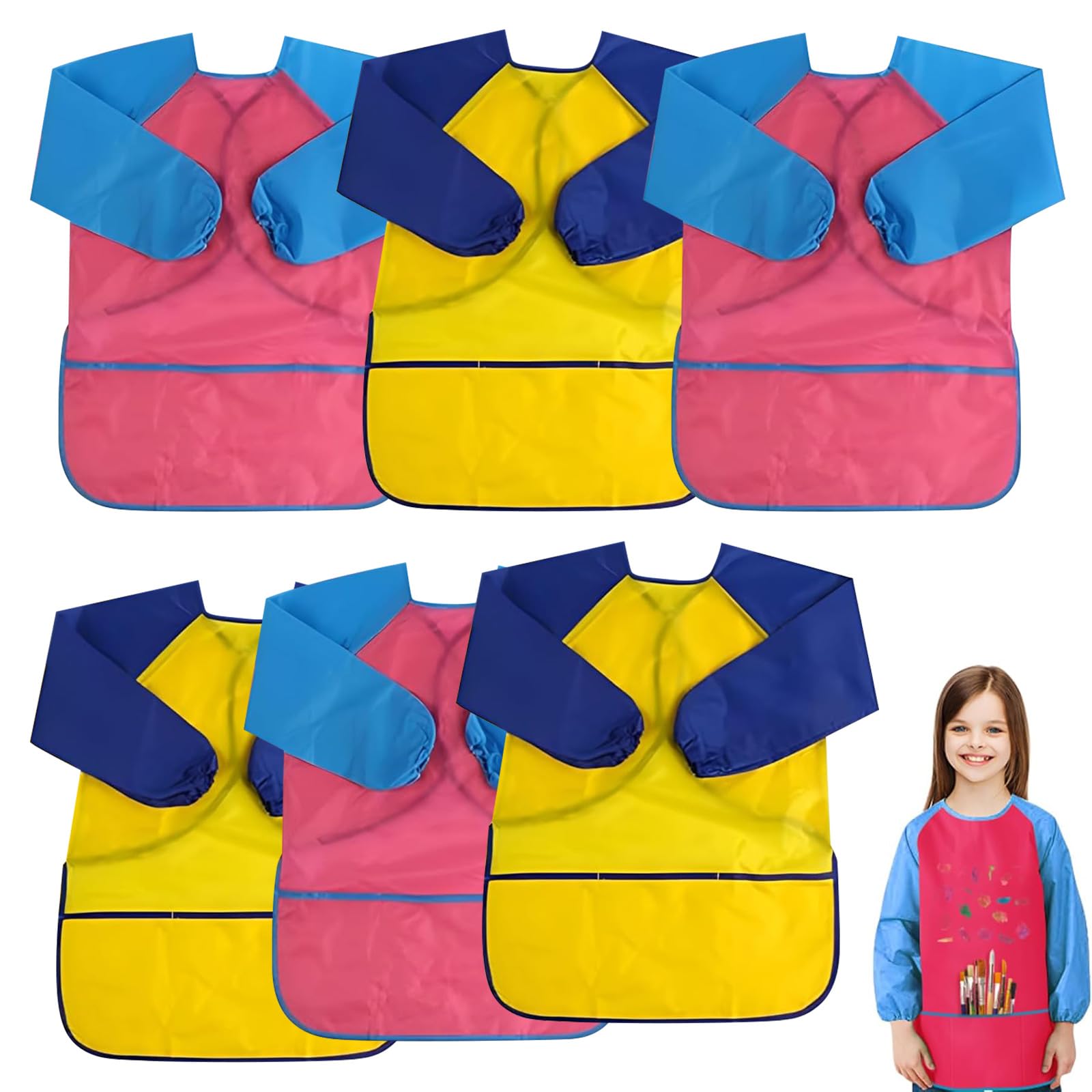 WORLUDE 6 Pack Kids Aprons for Painting - Waterproof Children Toddler Art Smock with Long Sleeves & 3 Convenient Pockets, Malschürze Kinder 3-8 Ages, Kids Art Smock for Cooking Eating Arts & Crafts