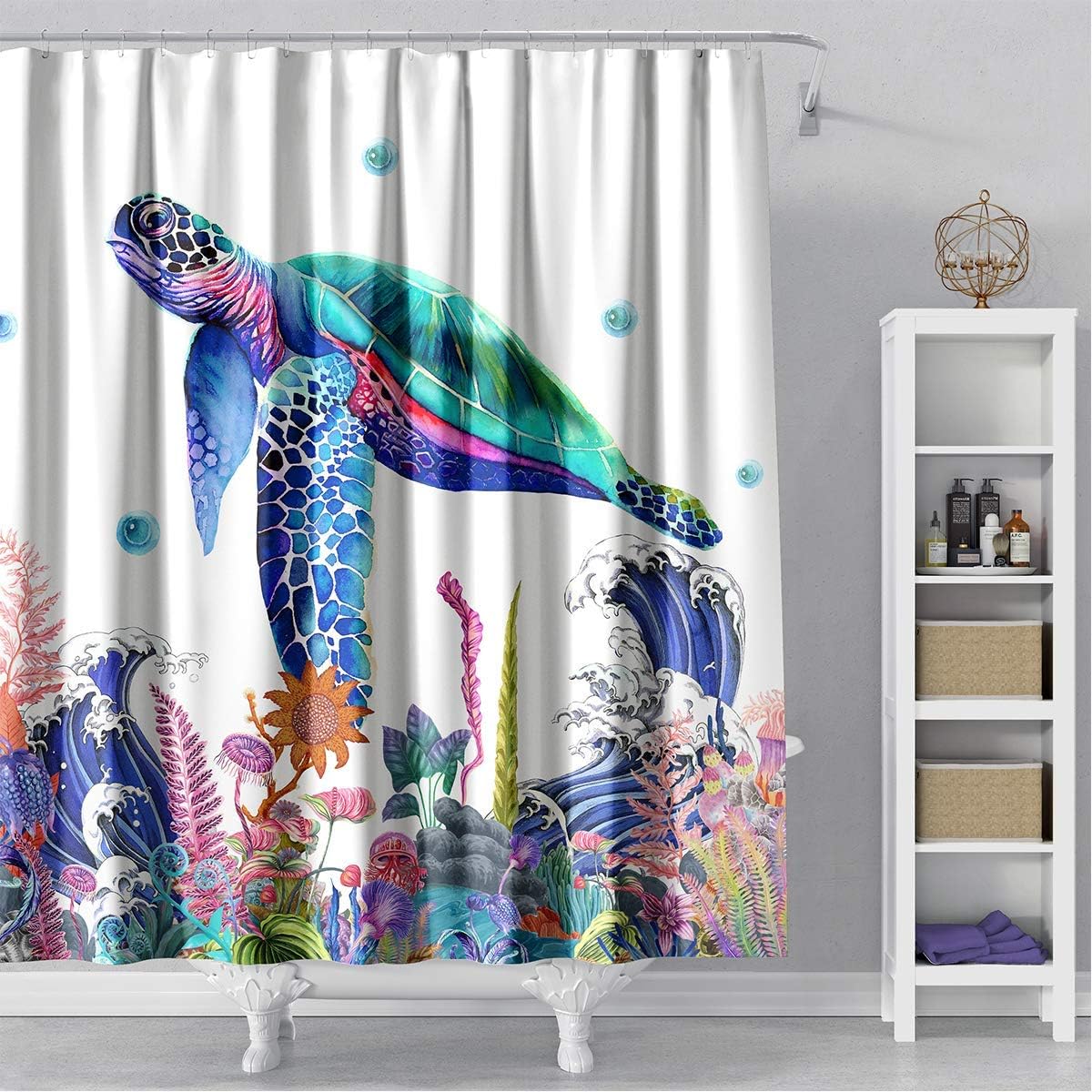 YAXIUFEN 44 Styles 3D Printing Bathroom Flower Shower Curtain Art Print Polyester Fabric Waterproof Machine Washable Included Hooks 71x71inch (White Turtle)