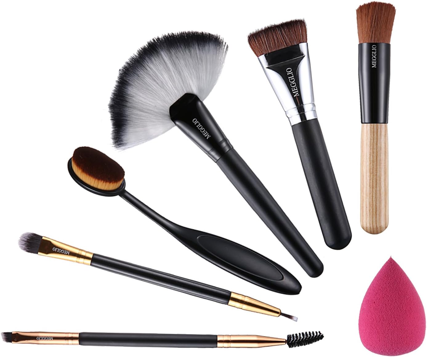 MEGGLIO 6Pcs Makeup Brush Set With Bag Double Ended Professional Eye Face Foundation Contour Blush Brush Oval Toothbrush Fan Brush Sponge Puff
