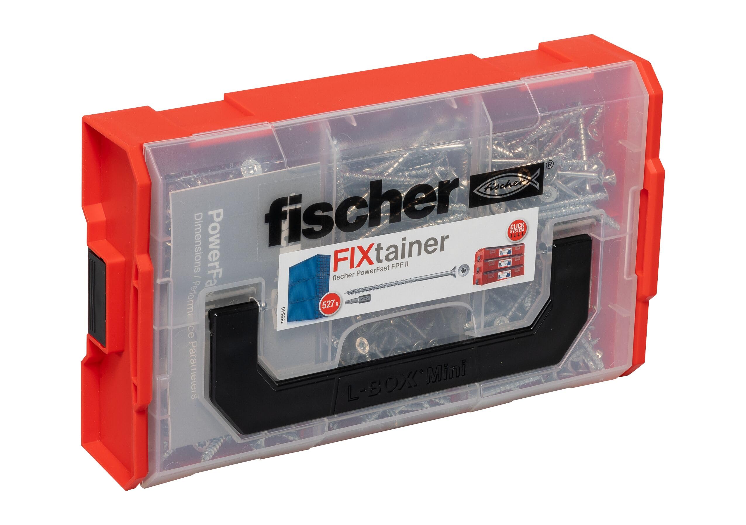 fischer FixTainer PowerFast II Chipboard Screw, Presorted Assortment Box with 525 Screws and 2 Bits, Countersunk Head, Partial Thread and TX Drive, Universal Fixing Kit